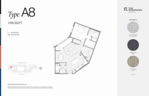 Floor plan for 1 bed, 1.5 baths, 1189 sqft